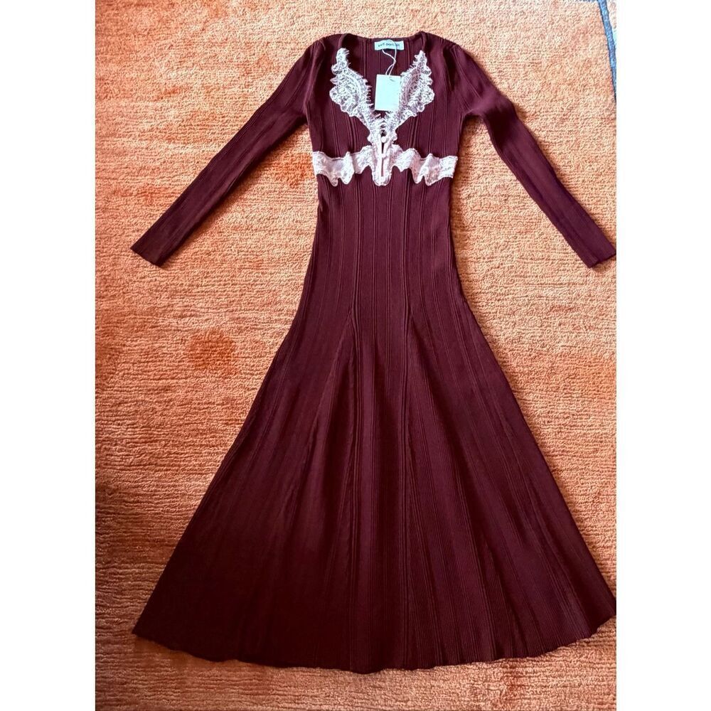 Burgundy Rib Knit Lace Midi Dress Size M